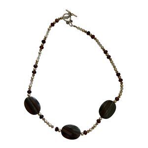 Tiger Iron Gemstone Faux‎ Pearl Crystal Beaded Statement Necklace  Toggle Clasp